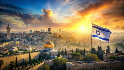 Jerusalem Cityscape with Israeli Flag in Haze - Sacred Pilgrimage Site for Three Religions