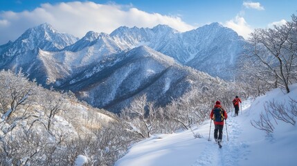 Hikers on a Snowy Mountain Trail