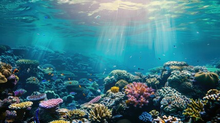 Fototapeta premium A vibrant coral reef teeming with marine life under clear tropical waters, Underwater setting with coral reef biodiversity, Underwater style