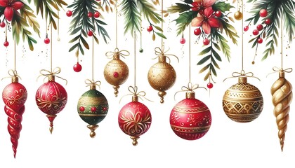 Ornament Delight Hanging watercolor ornaments in red, gold, and green white background,generative ai