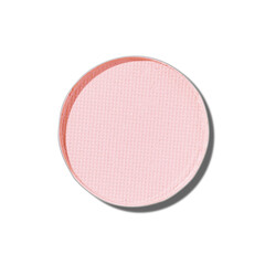 Close-up of matte pink eyeshadow refill, pastel soft shade, isolated on white background with sun shadows, detailed texture, Beige Swatch makeup powder for cosmetics, beauty product, makeup