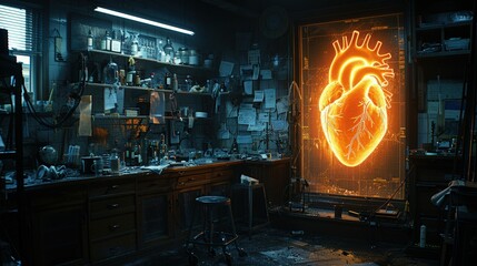 Fototapeta premium Neon Heart in a Scientific Laboratory Setting