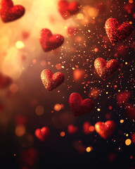 Glittering red hearts floating with golden bokeh in warm light