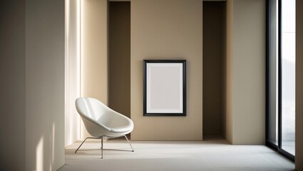 A serene interior space showcases a white chair positioned near a large window, with soft sunlight illuminating the area. A blank picture frame hangs on the wall, inviting creativity