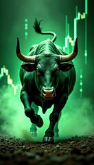 Fototapeta premium A powerful green bull representing a bullish market trend, surrounded by financial charts, symbolizing growth and opportunity in the stock market.