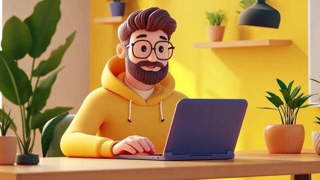 A cartoon man in a yellow hoodie is working on his laptop at a desk