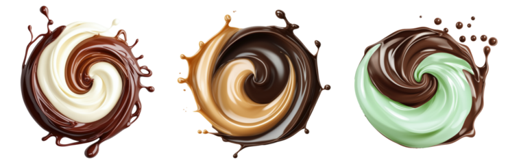 a set of round splashes with chocolate and white cream, caramel and mint cream