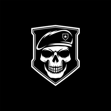 skull wearing military beret in shield vector illustration logo