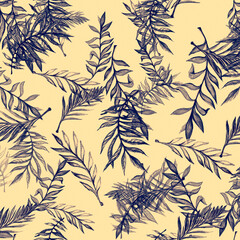 Fototapeta premium Hibiscus Tropical. Beige Palms Leaf. Blue Tropical Leaves Hibiscus. Tropical Palm Tree Background. Leaves Banana Background. Invitation Card Jungle. Jungle Brush.