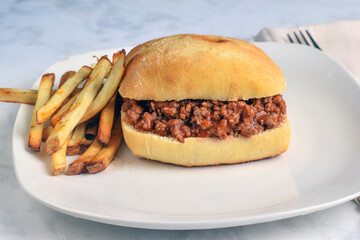 sloppy joe  served on ciabatta roll served with french fries,