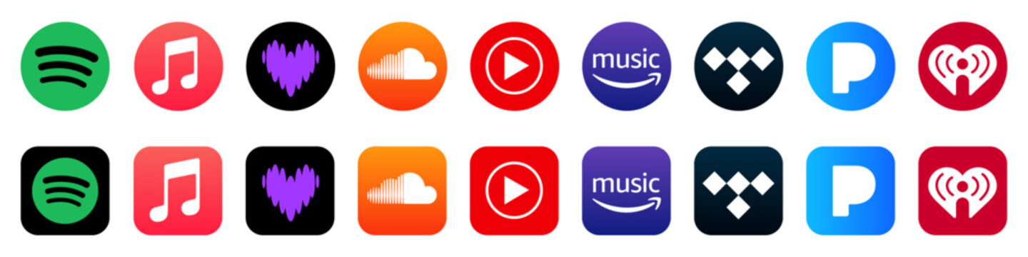 Popular music streaming service logo set: Apple music, Spotify, Youtube music, Soundcloud, Deezer, Tidal, Iheart, Pandora, iTunes, new logo buttons