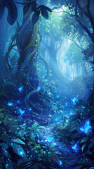 Fototapeta premium Enchanted Forest with Glowing Blue Butterflies and Lush Greenery in Mystical Moonlight