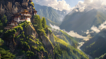 Majestic Mountain Monastery Perched on Cliffside Amidst Lush Greenery and Misty Valleys Under a Clear Blue Sky
