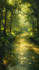 Obraz premium Serene Forest Stream with Sunlight Filtering Through Lush Green Canopy in a Tranquil Natural Setting