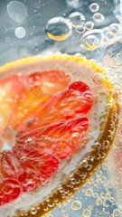 Grapefruit in sparkling water with bubbles on the surface. Citrus fruit poster. 