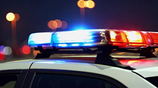 Flashing red blue lights police car patrolling busy city road providing traffic surveillance while emergency services vehicle carries out operations captured full view flasher light security urgency