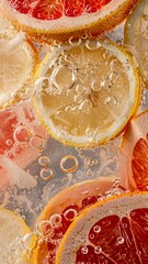 Grapefruit and lemon slices in sparkling water with bubbles on the surface. Creative concept of summer drink promotion.