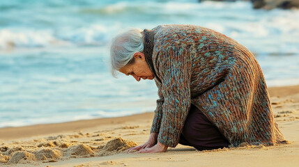 Elderly woman examining the sand on a deserted beach, reflecting on memories during a tranquil afternoon