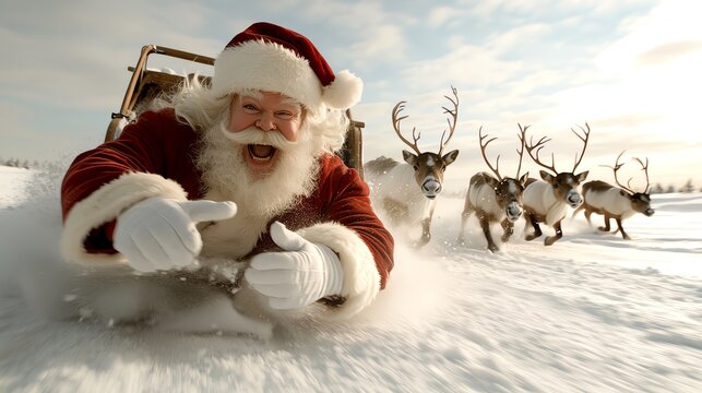 Santa dealing with a sleigh breakdown midflight, shrugging sarcastically as reindeer munch on snow beneath him