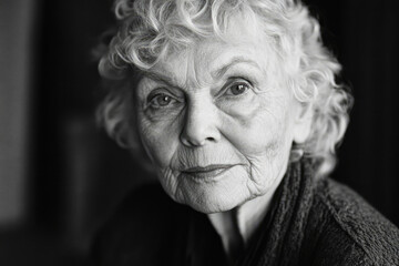 An elderly woman with curly hair displays a serious expression, her wise gaze reflecting deep emotions