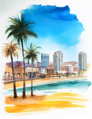 Obraz premium Watercolor sunny beachfront city with tall palm trees, ocean waves. Summer vacation and travel