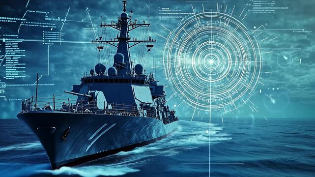 A modern warship sails through choppy waters, with a futuristic radar display overlayed on the scene