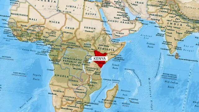 Political map of Kenya showing country borders, location marker and surrounding East African region