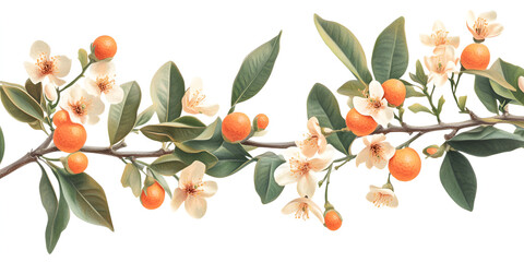 Lush Branch with Ripe Oranges and Blossoms