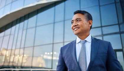 Fototapeta premium Successful Businessman in Suit with Wealthy Appearance, Smiling and Looking at Copy Space in Corporate background