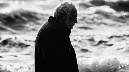 Elderly man gazing at the ocean waves, reflecting on solitude and thoughts during a calm evening