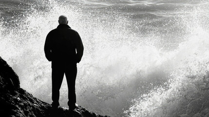 Obraz premium Elderly man contemplating by the ocean waves, symbolizing solitude and reflection at the water's edge