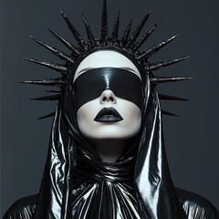 Beautiful nun dressed in latex suit with black lipstick and blindfold. BDSM mistress