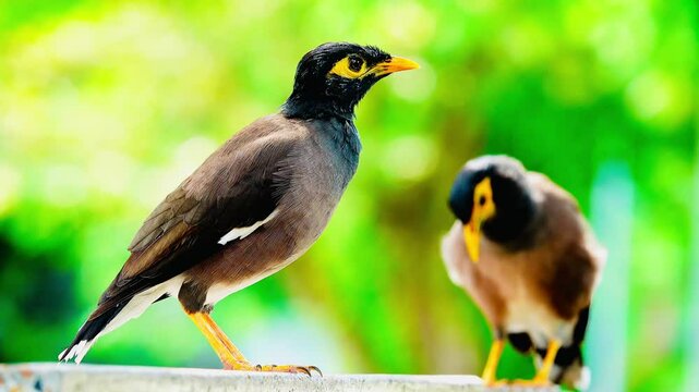 In this video, two birds (Acridotheres tristis) are seen roosting close together. Both birds have dark brown bodies, yellow bare skin around their eyes, and bright yellow beaks, black heads, and white