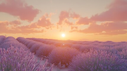 Fototapeta premium A serene sunset over a lavender field, with rows of purple flowers stretching to the horizon and the sky glowing in soft pinks and oranges