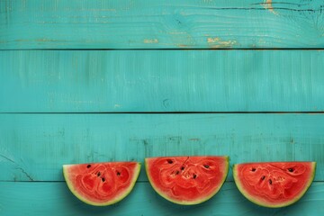 Summer food poster made with watermelon on pastel blue background. Summer colorful creative marketing material. Minimal fruit concept.