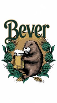 logo for 'Bever' Bar featuring a detailed beaver with a craft beer in hand Generative AI