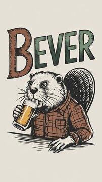 logo for 'Bever' Bar featuring a detailed beaver with a craft beer in hand Generative AI