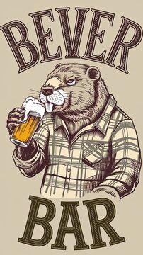 logo for 'Bever' Bar featuring a detailed beaver with a craft beer in hand Generative AI
