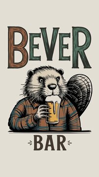 logo for 'Bever' Bar featuring a detailed beaver with a craft beer in hand Generative AI