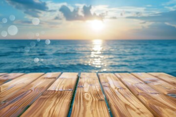 Wooden table with blurred bokeh of sea and sky background for product display presentation concept.