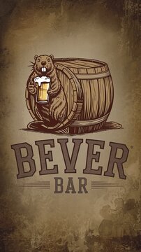 logo for 'Bever' Bar featuring a detailed beaver with a craft beer in hand Generative AI