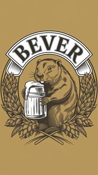 logo for 'Bever' Bar featuring a detailed beaver with a craft beer in hand Generative AI