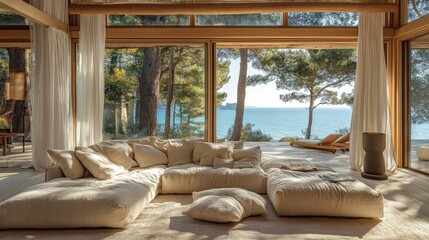Fototapeta premium A Coastal Living Room with a View of the Sea Through Large Windows
