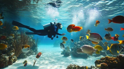 Fototapeta premium Underwater Adventure with Scuba Diver and Tropical Fish