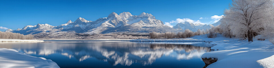 A beautiful snowy landscape with a lake and mountains in the background