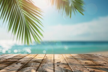 Empty wooden table with blurred tropical beach background for product display concept. 