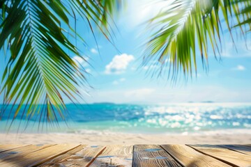 Wooden table on the beach for product  photography. Blue sea and sky with palm leaves. 