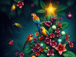 Fototapeta premium A tropical Christmas tree with presents and parrots