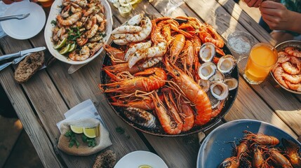 Seafood Feast on Wooden Table
