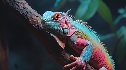 Fototapeta premium Green Iguana Resting on a Branch with Intricate Scale Details